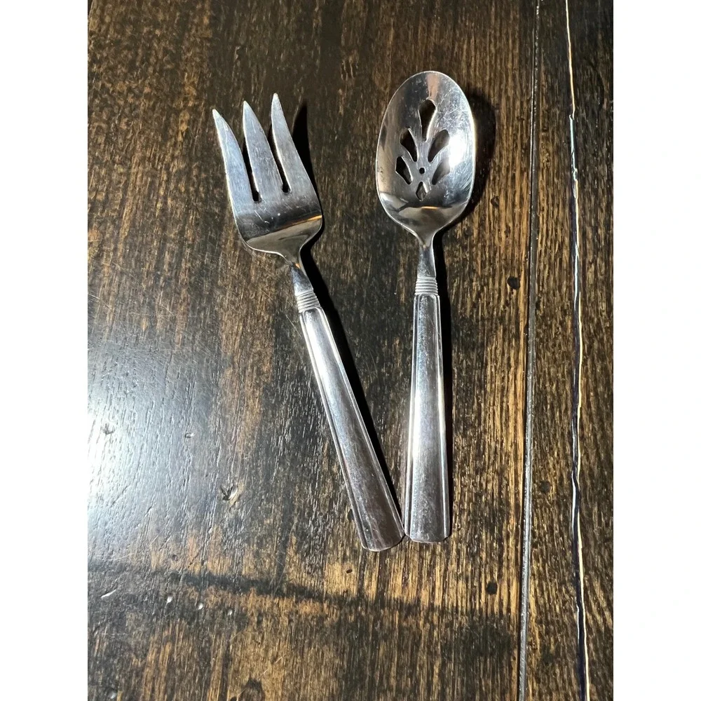 Pfaltzgraff Stainless Steel Serving Set Slotted Spoon & Cold Meat Fork Ribbed